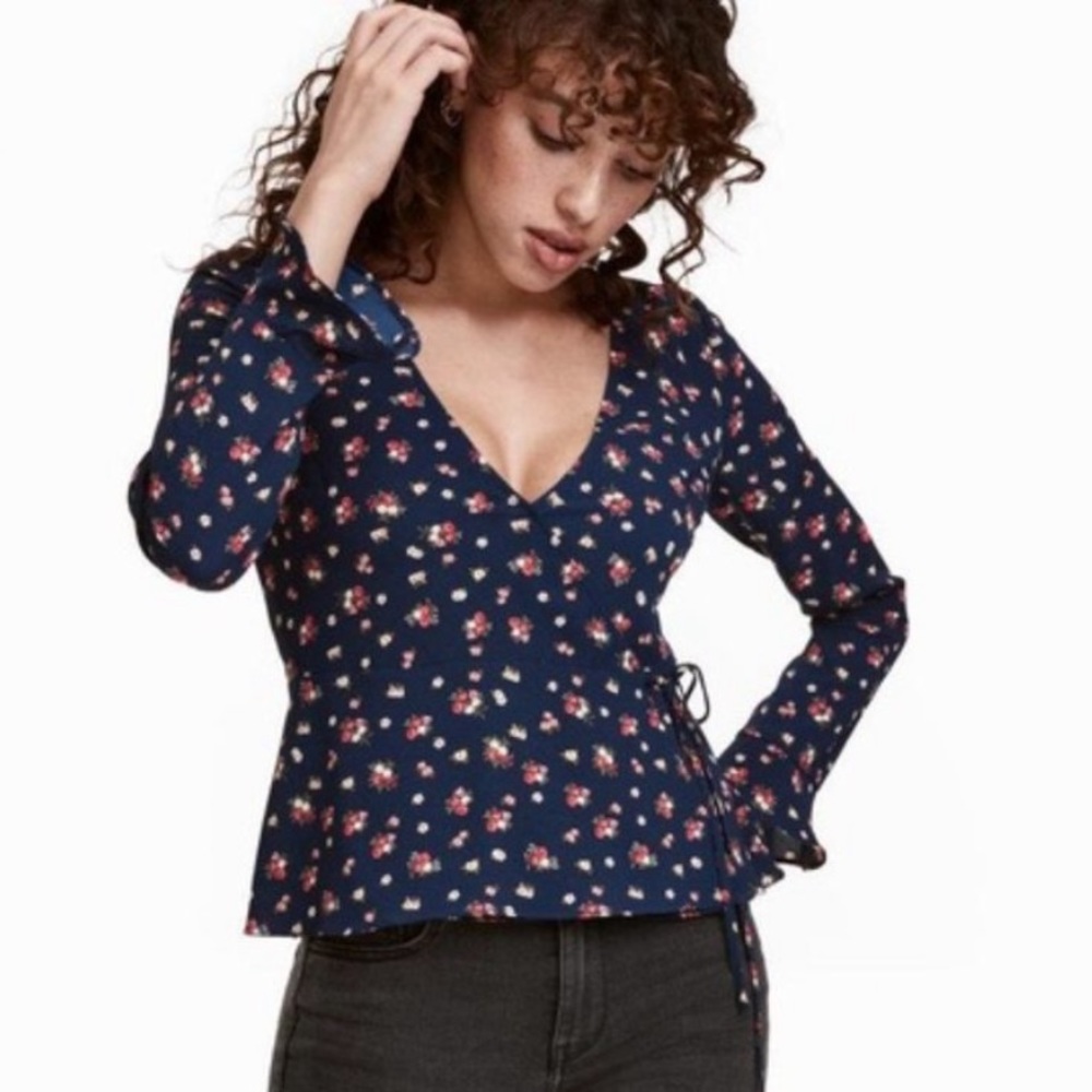 H&M Blue/Floral Wrap-over Blouse